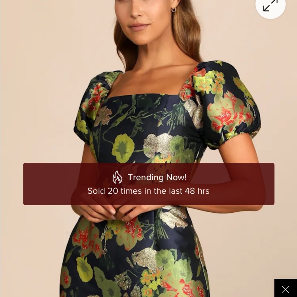 Lulu's Navy Blue Floral Jacquard Puff Sleeve Mini Dress